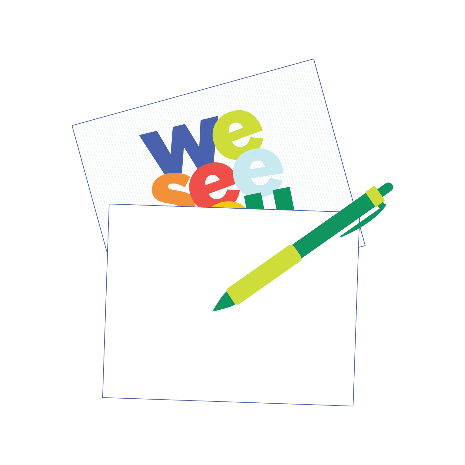 Colorful papers in a white envelope with a green and yellow pen.