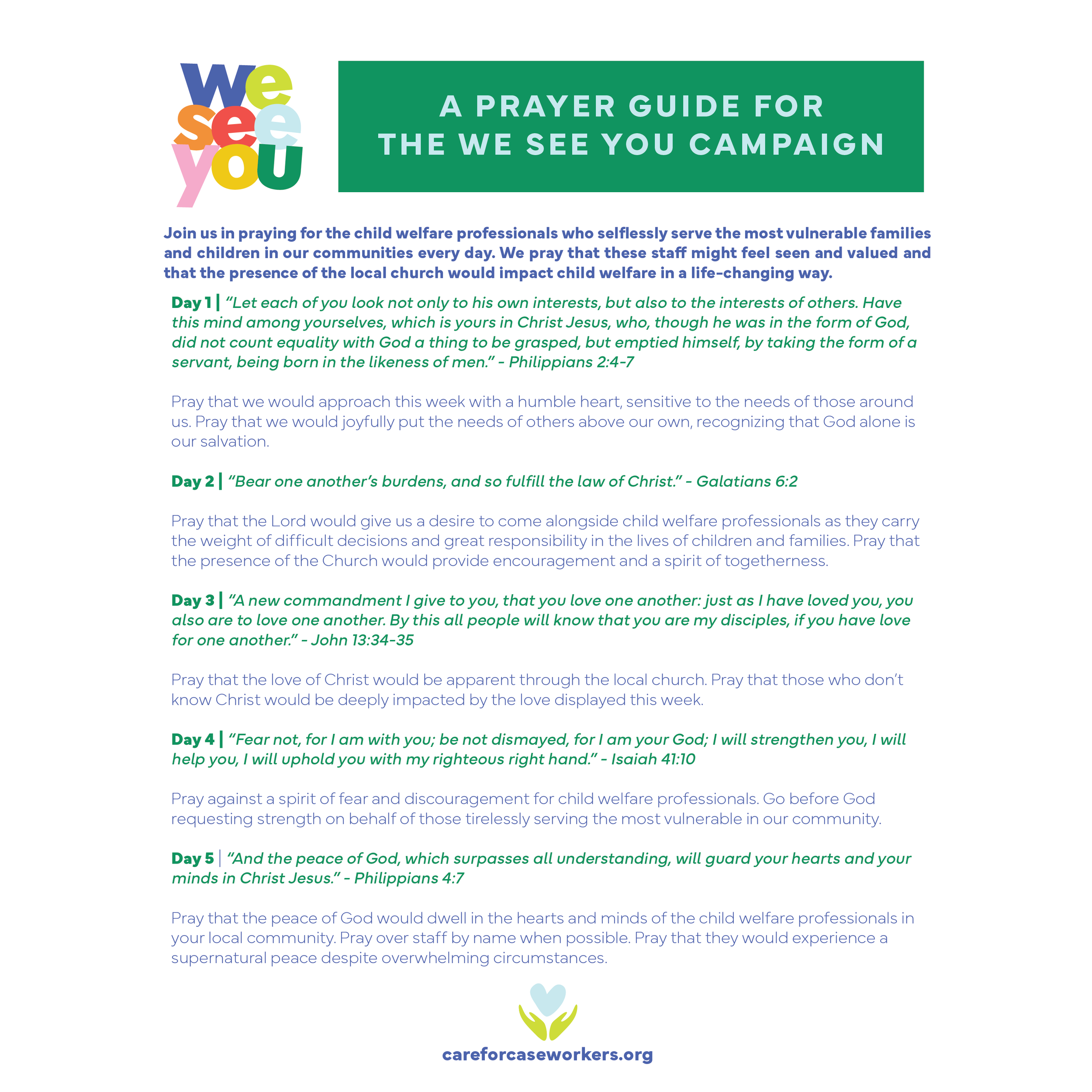 A church bulletin titled "A Prayer Guide for the We See You Campaign" with colorful text "we see you" at the top and a green background behind the main title. The bulletin contains daily prayer prompts, biblical quotes, and a website URL "careforcaseworkers.org" at the bottom, with a small illustration of hands holding a heart beneath the URL.