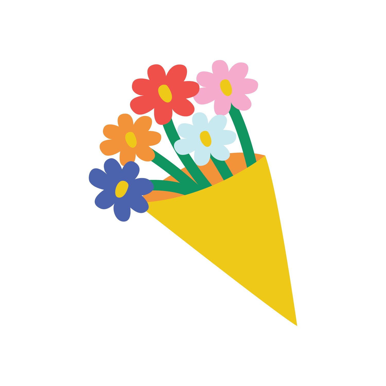 A colorful digital illustration of a bouquet of five flowers in red, pink, orange, blue, and white with yellow centers, wrapped in a yellow cone-shaped wrapper.
