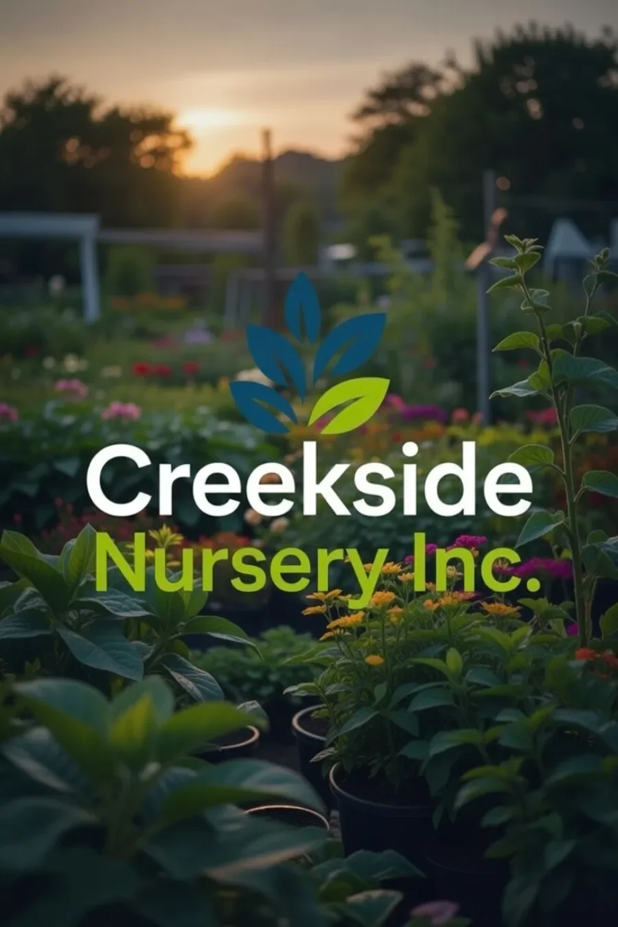 Creekside Nursery yard at sunset, rows of potted plants and flowers
