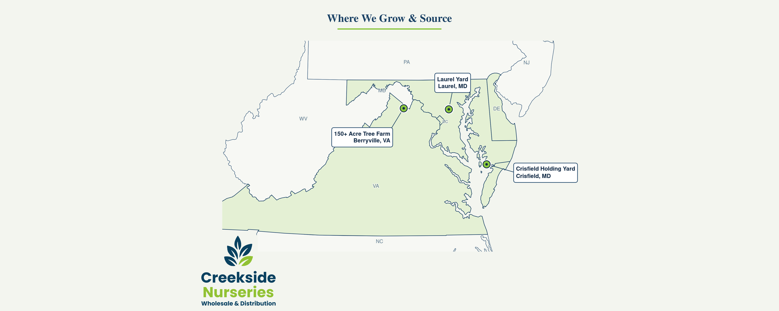 Map of Creekside Nurseries locations in the Mid-Atlantic