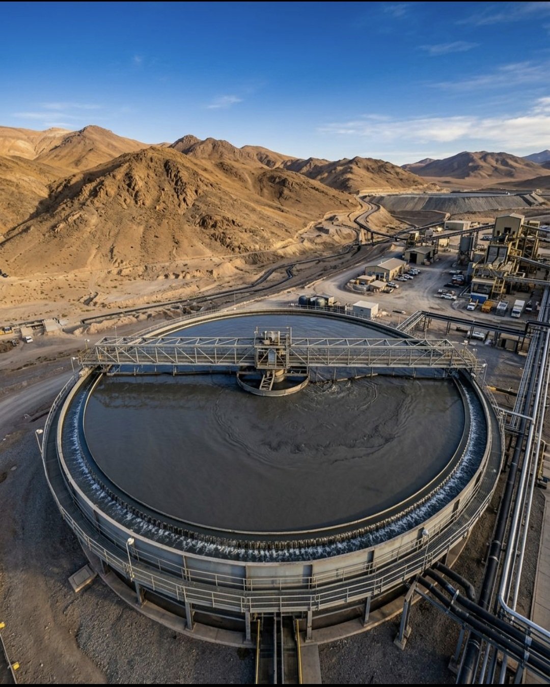Desde el aire se observa un espesador gigante de una planta concentradora de cobre