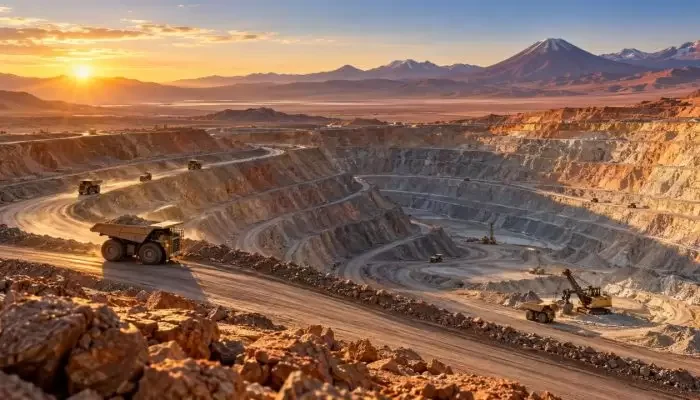 se muestra el rajo de una pminera de cobre y camiones de carga de mineral 