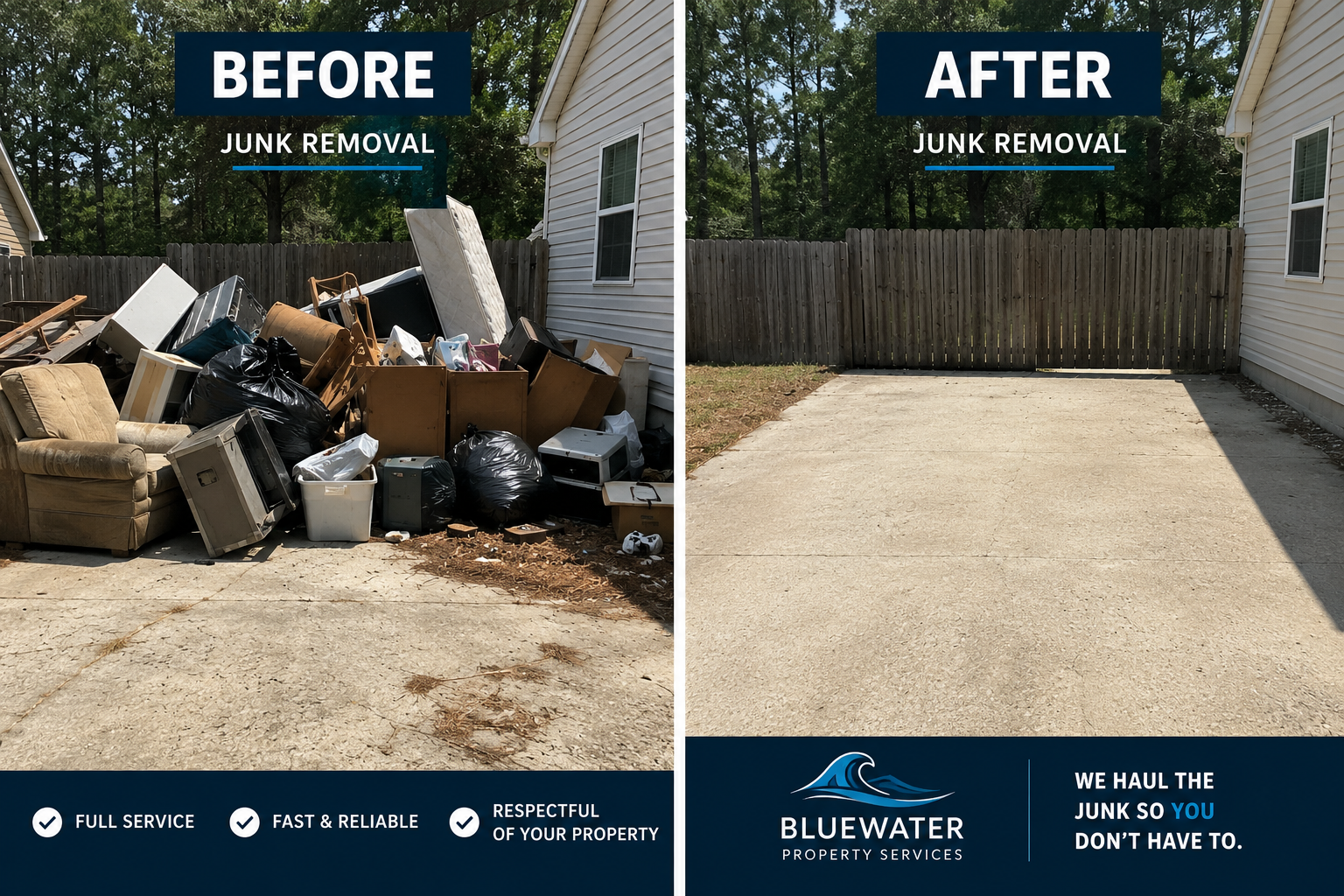 Comparison of a cluttered backyard filled with junk on the left and a cleaned, empty backyard on the right, showcasing the results of junk removal by Bluewater Property Services.