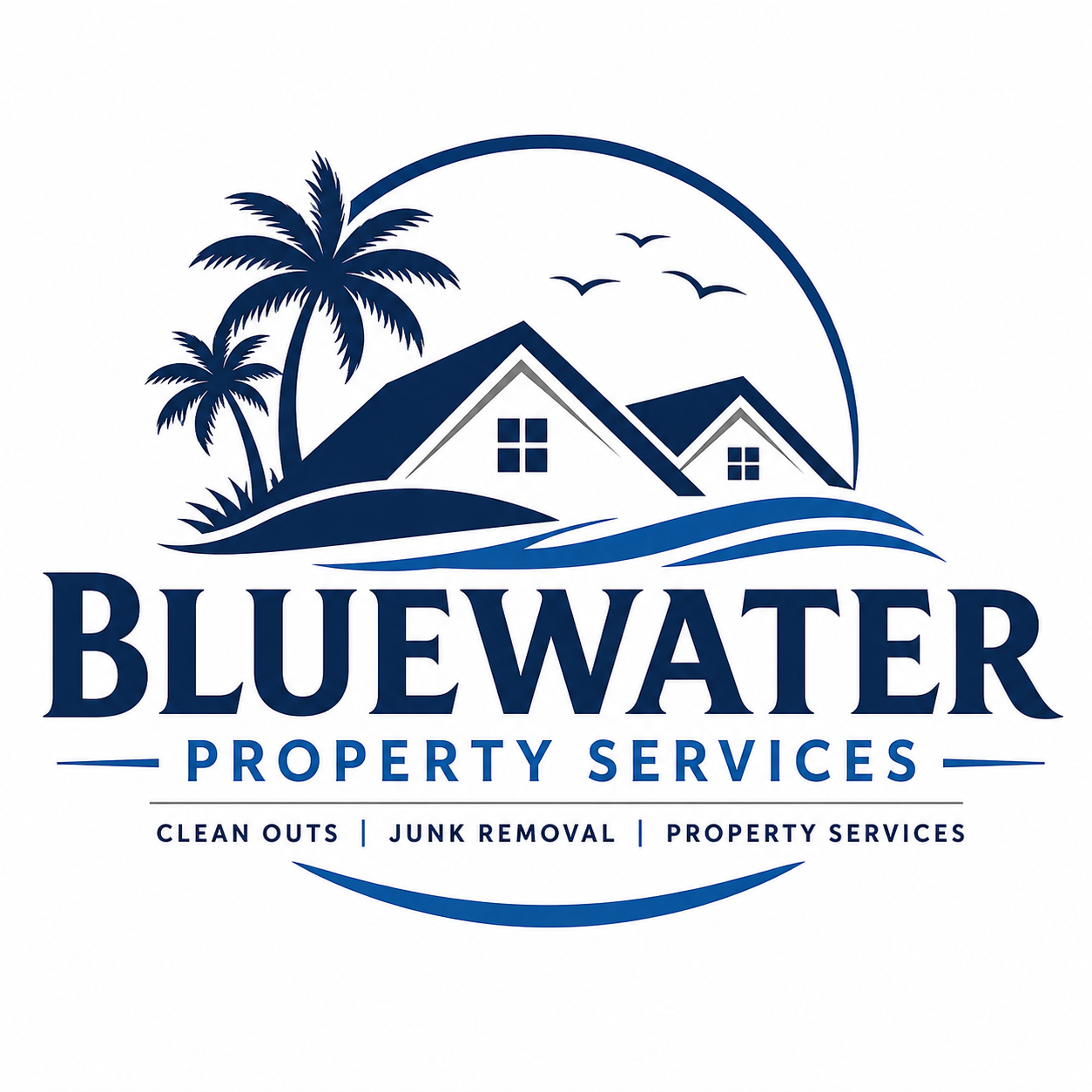 Logo for BlueWater Property Services featuring a house, palm trees, and birds with text highlighting cleaning, junk removal, and property services.