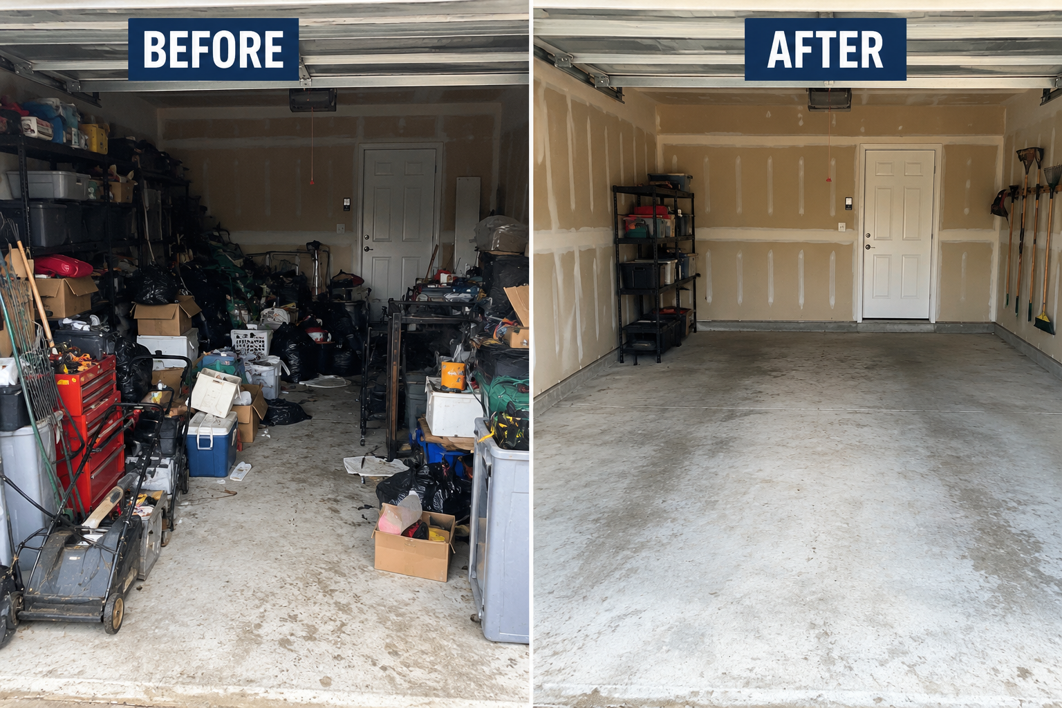 Left side shows a cluttered garage filled with tools, storage bins, and various items. Right side shows the same garage cleared and organized, with clean walls and empty space.