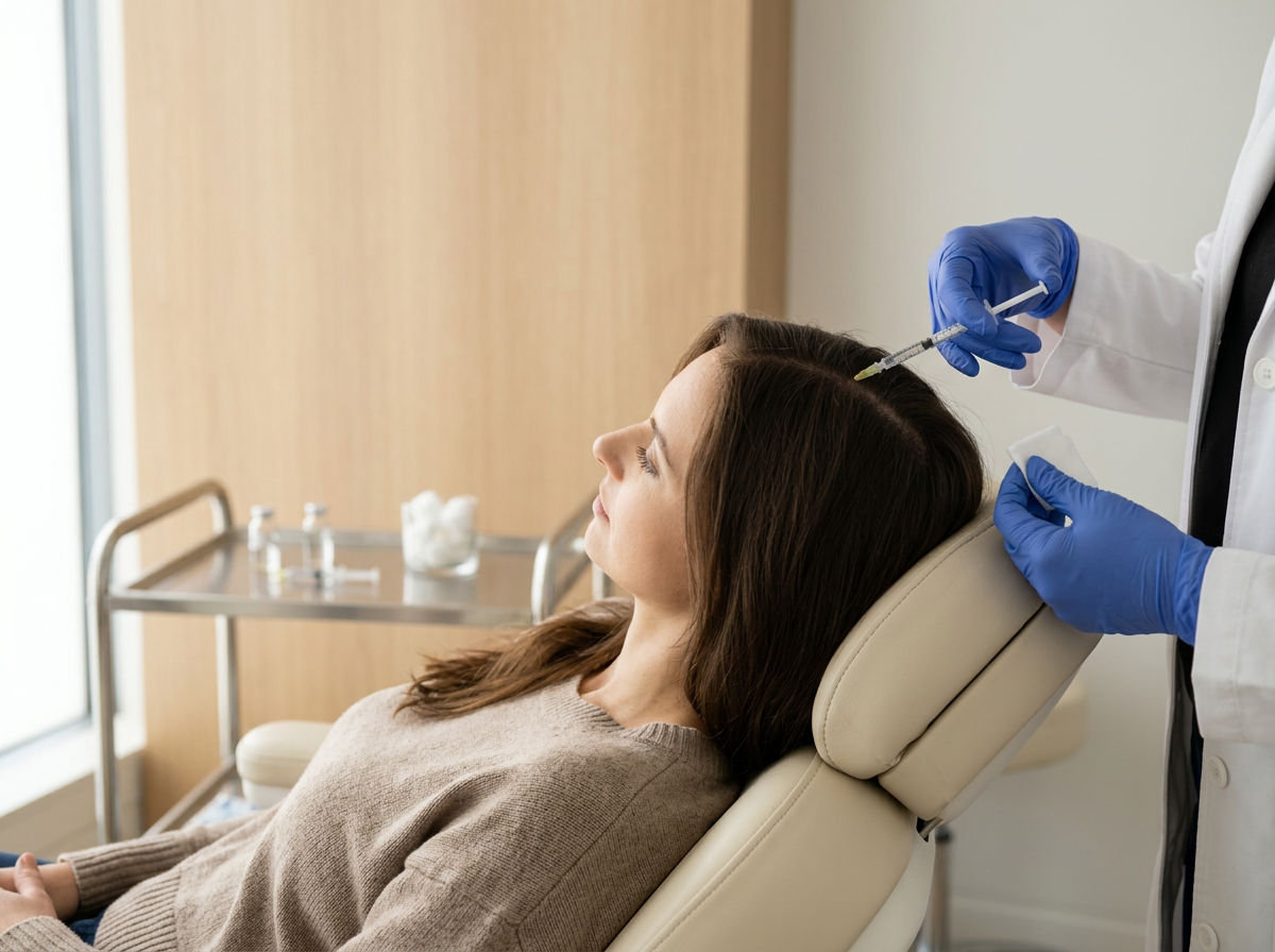 A woman receives a hair treatment from a professional in a clinic.