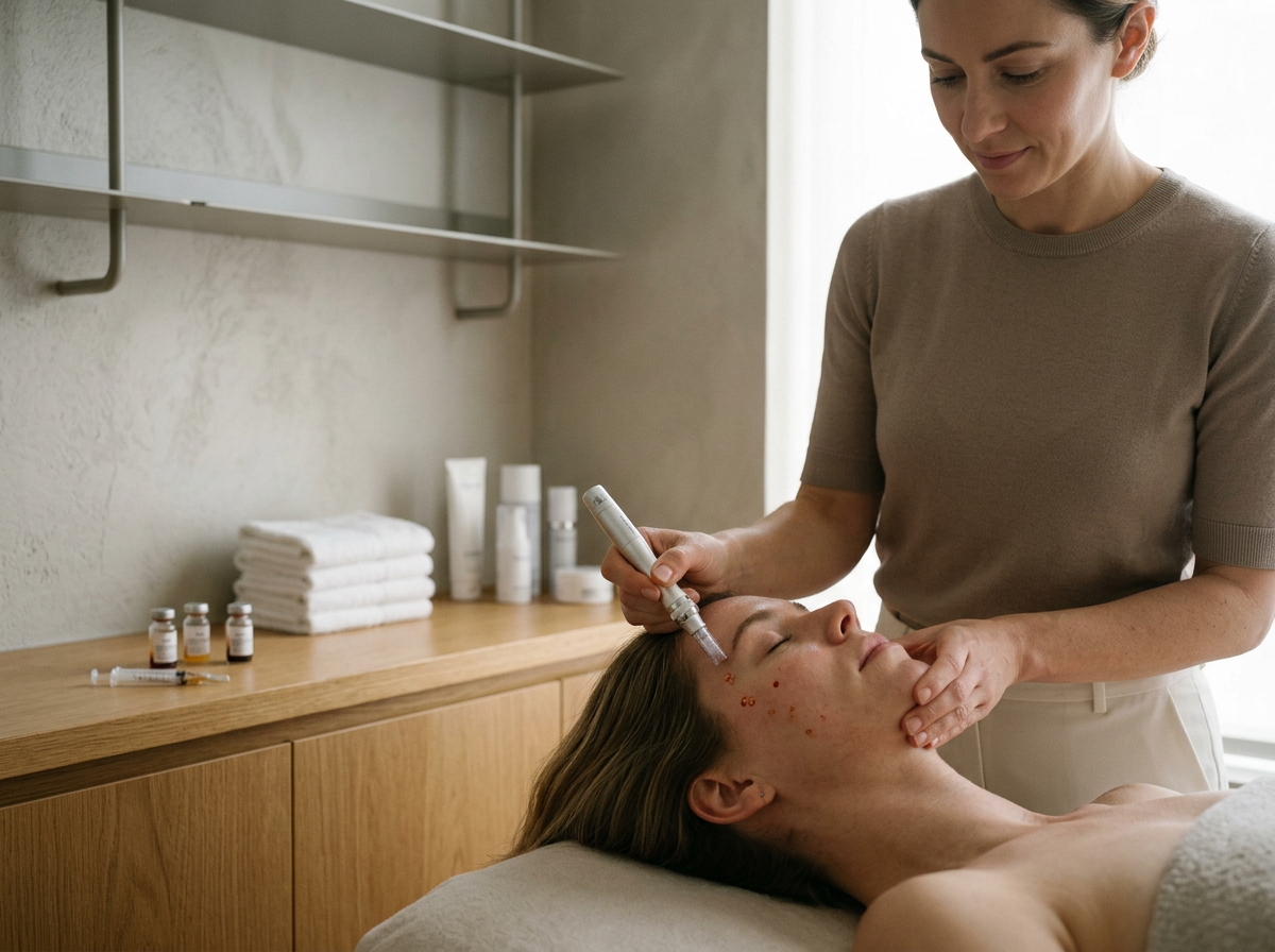 A woman receives a facial treatment from a professional in a spa or clinic, with various skincare products on a wooden counter.