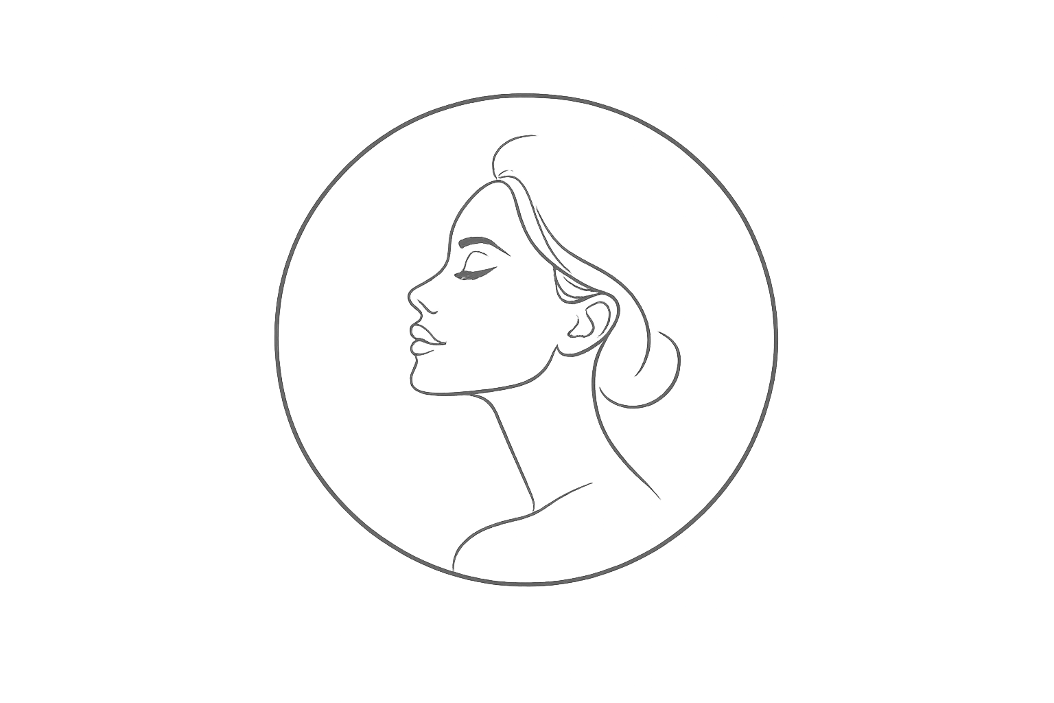 Minimalist line drawing of a woman's profile inside a circle, with her hair tied back and her eyes closed.