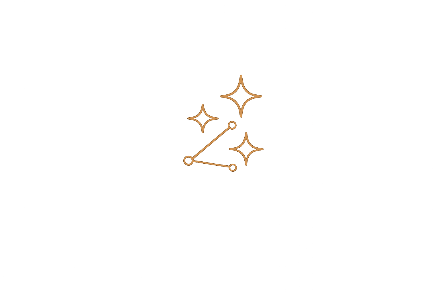 Constellation pattern with three stars and lines connecting them, surrounded by four star-like sparkles, on a black background.