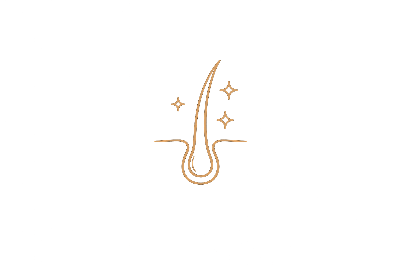A minimalist illustration of a human hair with three sparkle icons around it, drawn in a copper color on a black background.