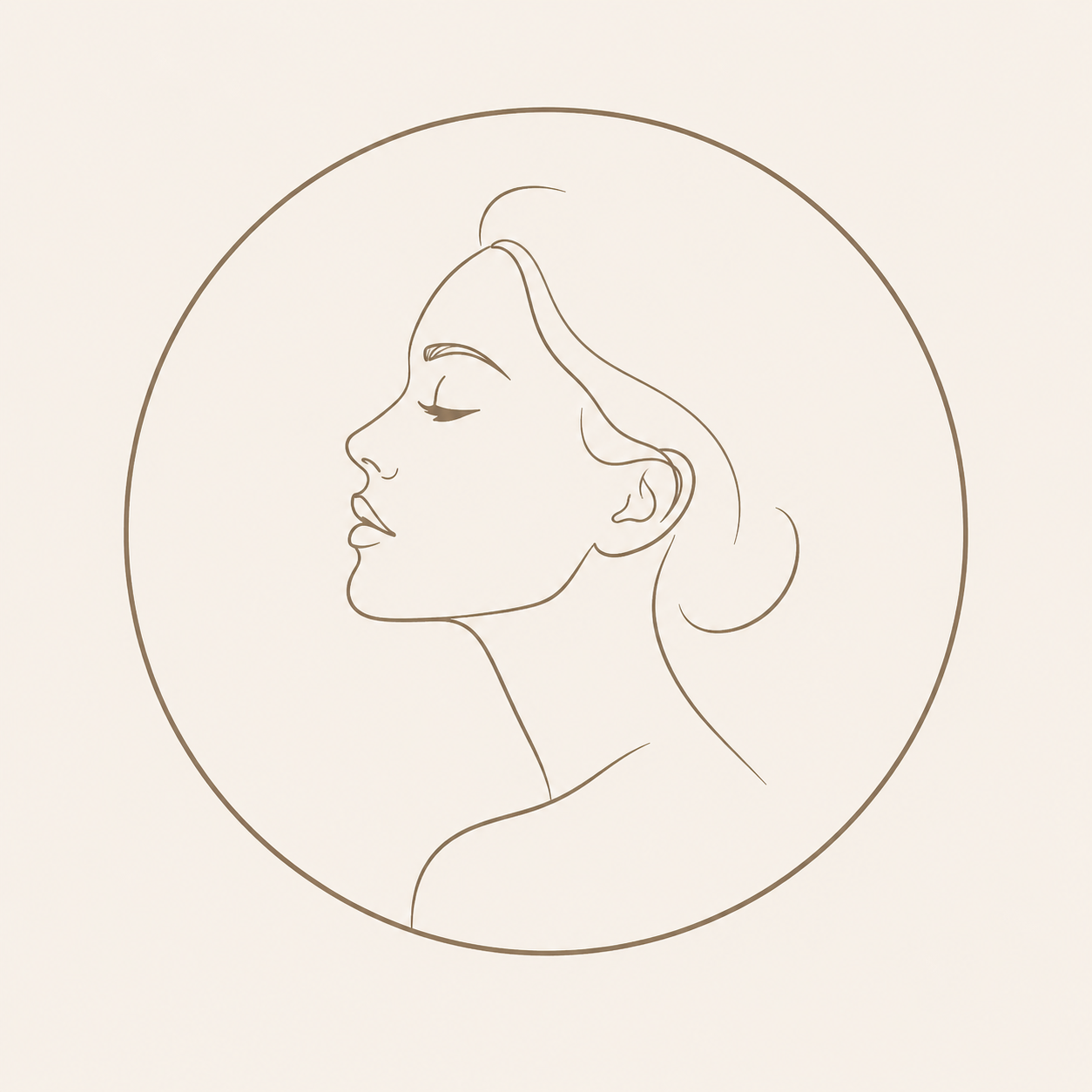 Minimalist line drawing of a woman's profile with her eyes closed, inside a circular border.