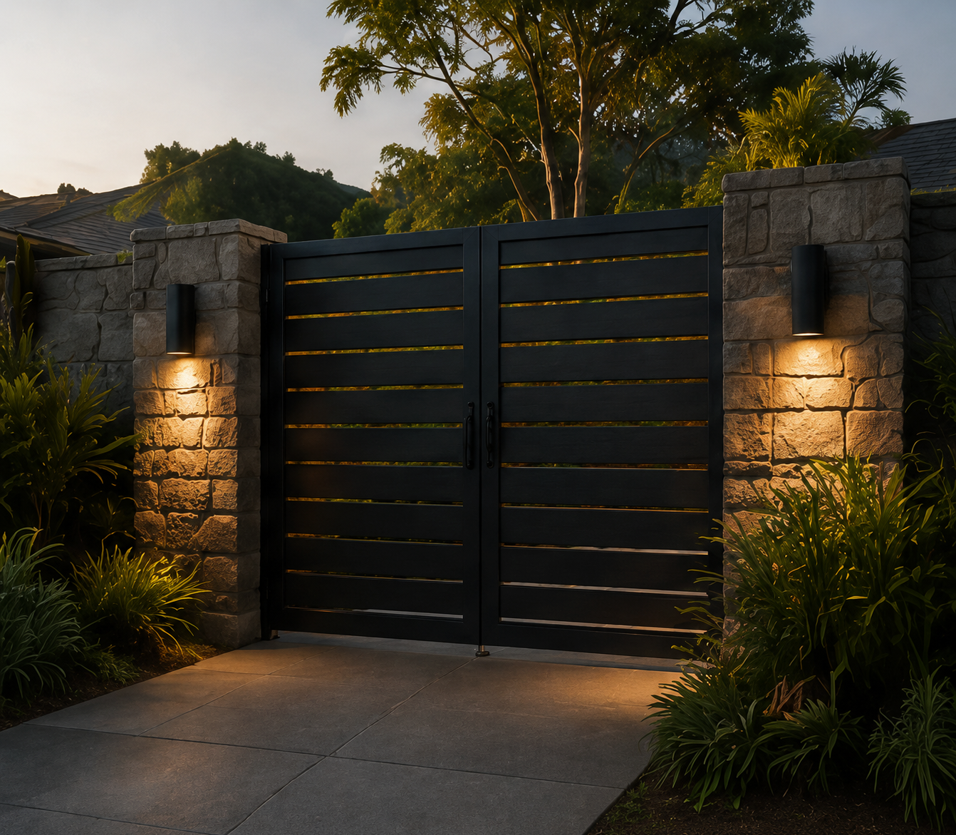 A black metal gate with horizontal slats, supported by stone pillars, illuminated by wall-mounted lights on either side, with lush plants nearby and a house and trees in the background at dusk.