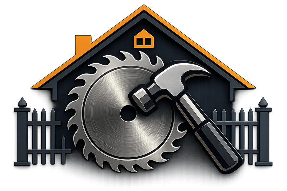 A house with a gate, a saw blade, a hammer, and a wrench in front of it, symbolizing home repair or maintenance.