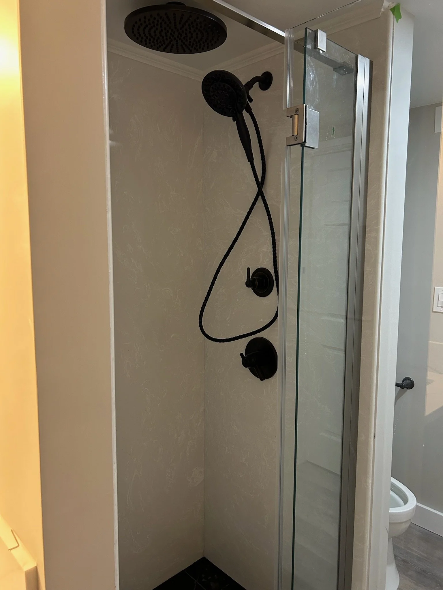 Shower area with black showerhead and handheld shower, glass shower door, and a toilet nearby.