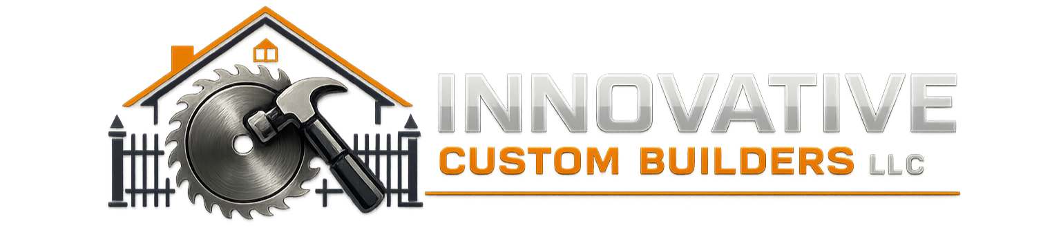 Logo for Innovative Custom Builders LLC featuring a circular saw blade, hammer, and a house roof, with the company name incorporated.