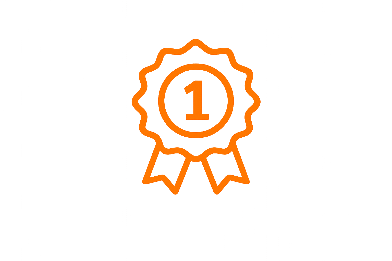 Neon orange award ribbon with the number 1 in the center and two ribbons hanging from it, set against a black background.