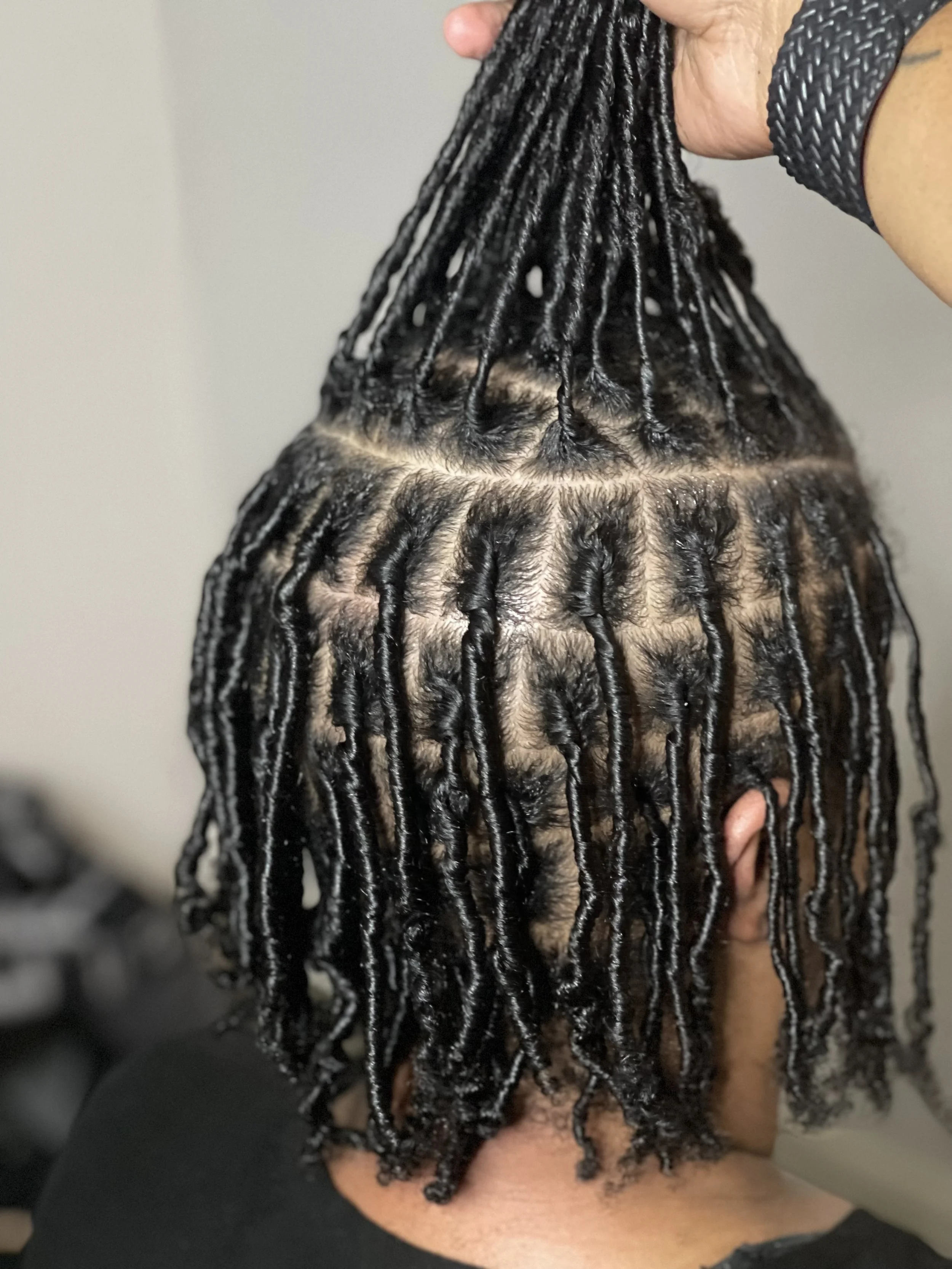 Close-up of a person with black and silver twisted braids, holding some of the braids with one hand, and wearing a black wristband and black clothing.