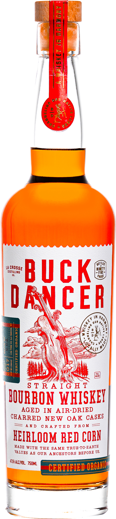 Bottle of Buck Dancer Straight Bourbon Whiskey with a white label and red text, featuring an illustration of a violin and trees, and marked as certified organic.