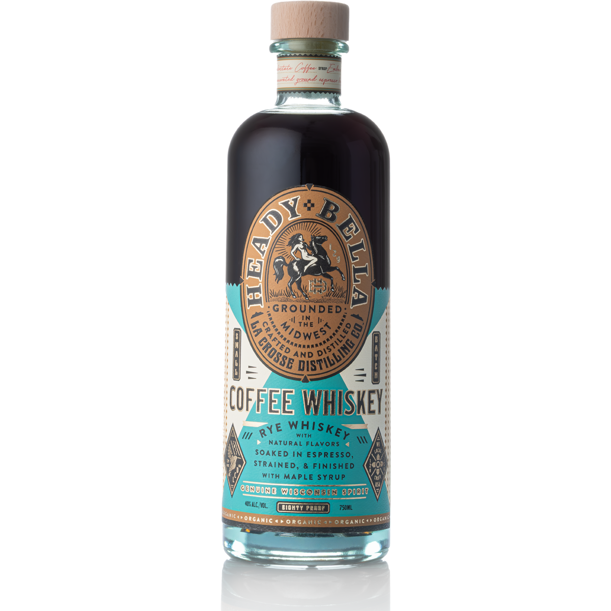 A bottle of The Heady Beluga Coffee Whiskey, rye whiskey infused with natural flavors, soaked in espresso, strained, finished with maple syrup.