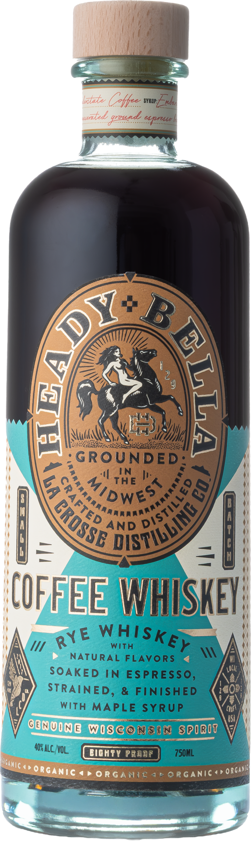 A glass bottle of heavy-duty coffee whiskey with a natural wood cap and a detailed label featuring a woman riding a horse, the brand name "H E A D Y + B E L L A," and information about the whiskey's flavor profile and alcohol content.