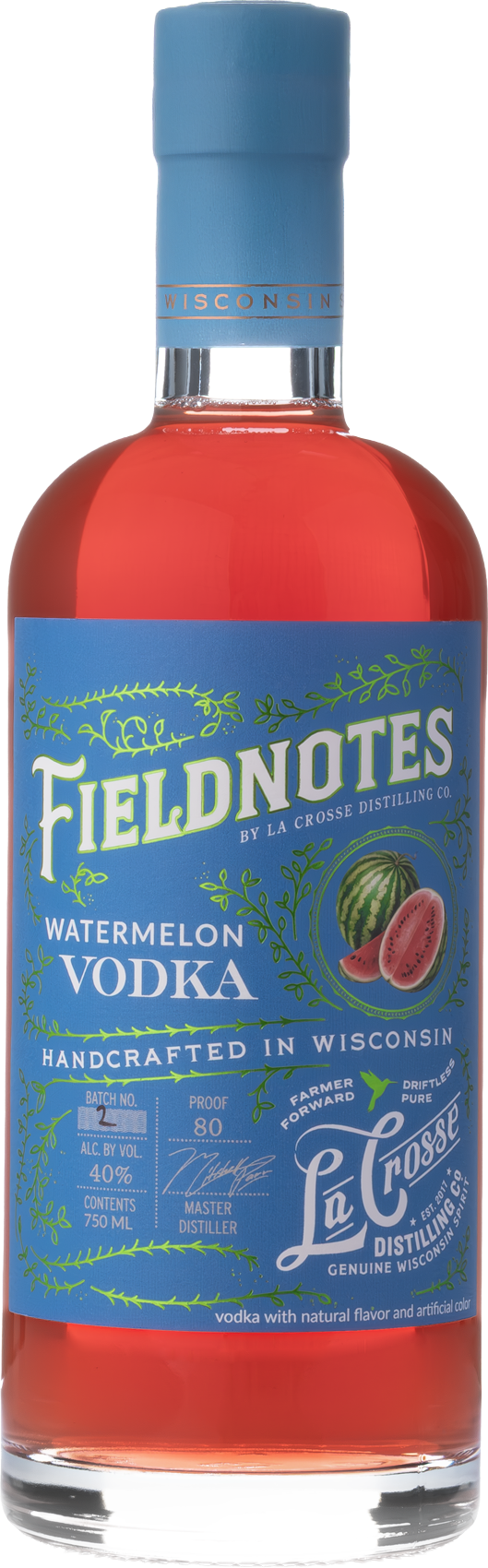 A bottle of Watermelon Vodka with a blue label and cap, featuring watermelon imagery and green decorative details, marketed as handcrafted in Wisconsin.