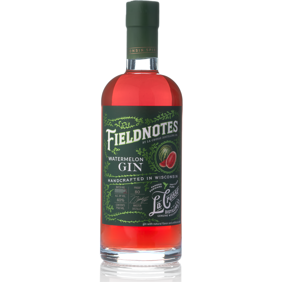 A bottle of Fieldnotes Watermelon Gin with a green label and a black cap, containing pinkish gin, with watermelon illustration on the label.