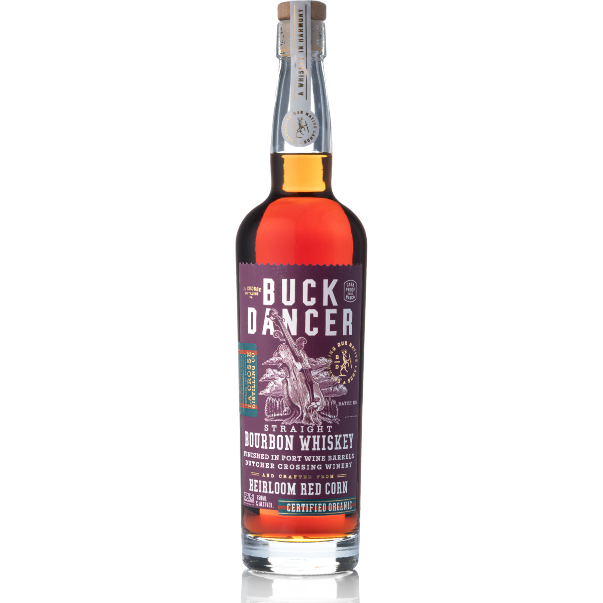 Bottle of Buck Dancer bourbon whiskey with purple label, illustration of a tree and guitar, and various text details about the whiskey.