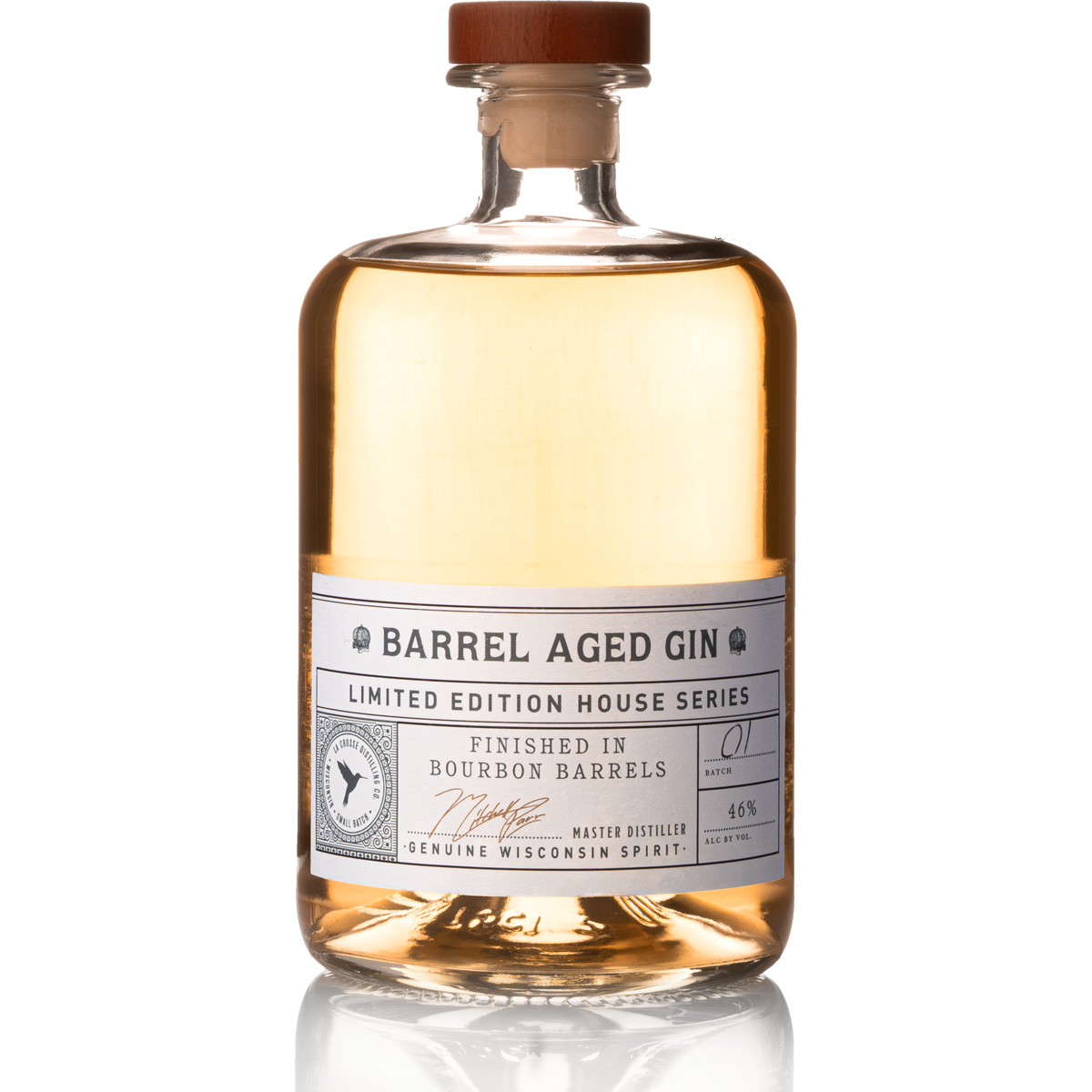 Bottle of Barrel Aged Gin from the Limited Edition House Series, finished in bourbon barrels, with a white label and a wooden cap, set against a white background.
