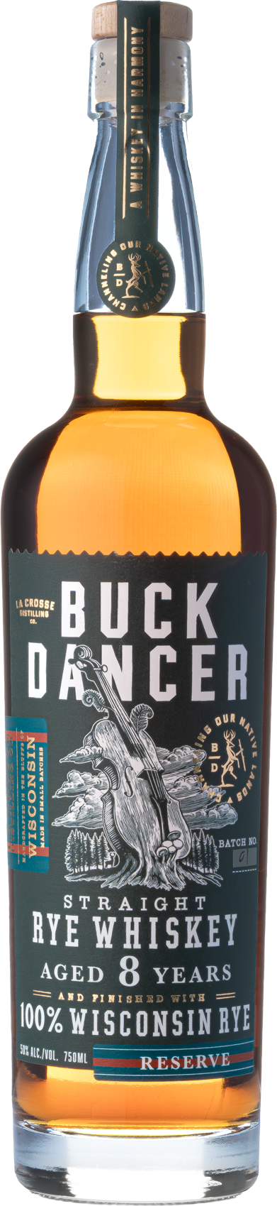A bottle of Buck Dancer straight rye whiskey aged 8 years with Wisconsin rye, featuring a dark label with white text and a tree with a musical instrument carved into it.