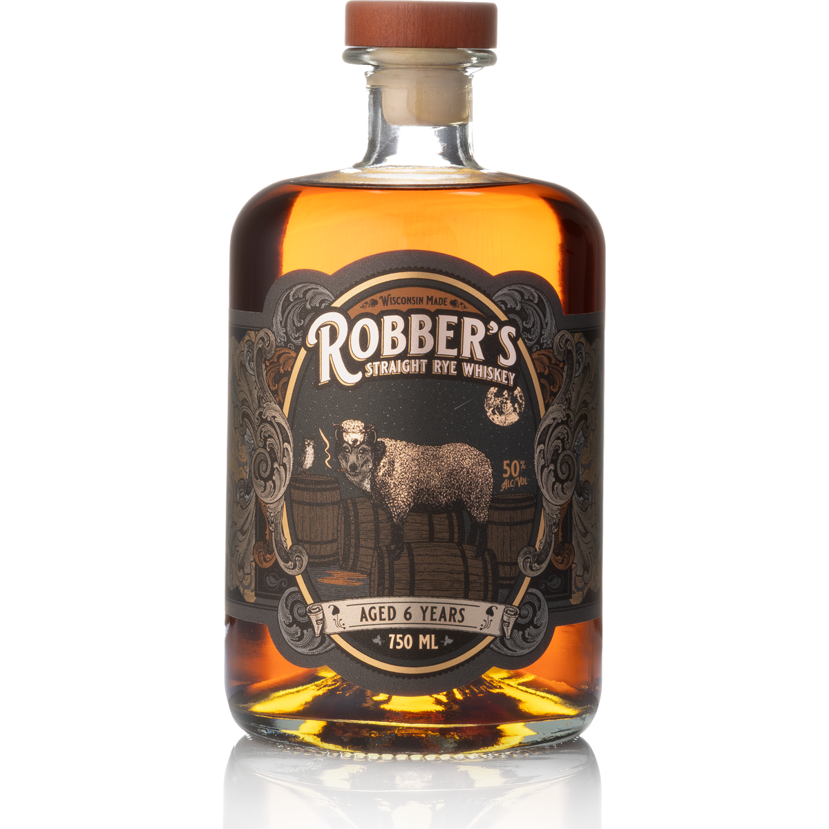 Bottle of Robber's Straight Rye Whiskey with a dark label featuring a buffalo and barrels, aged 6 years, 750ml, 50% alcohol.