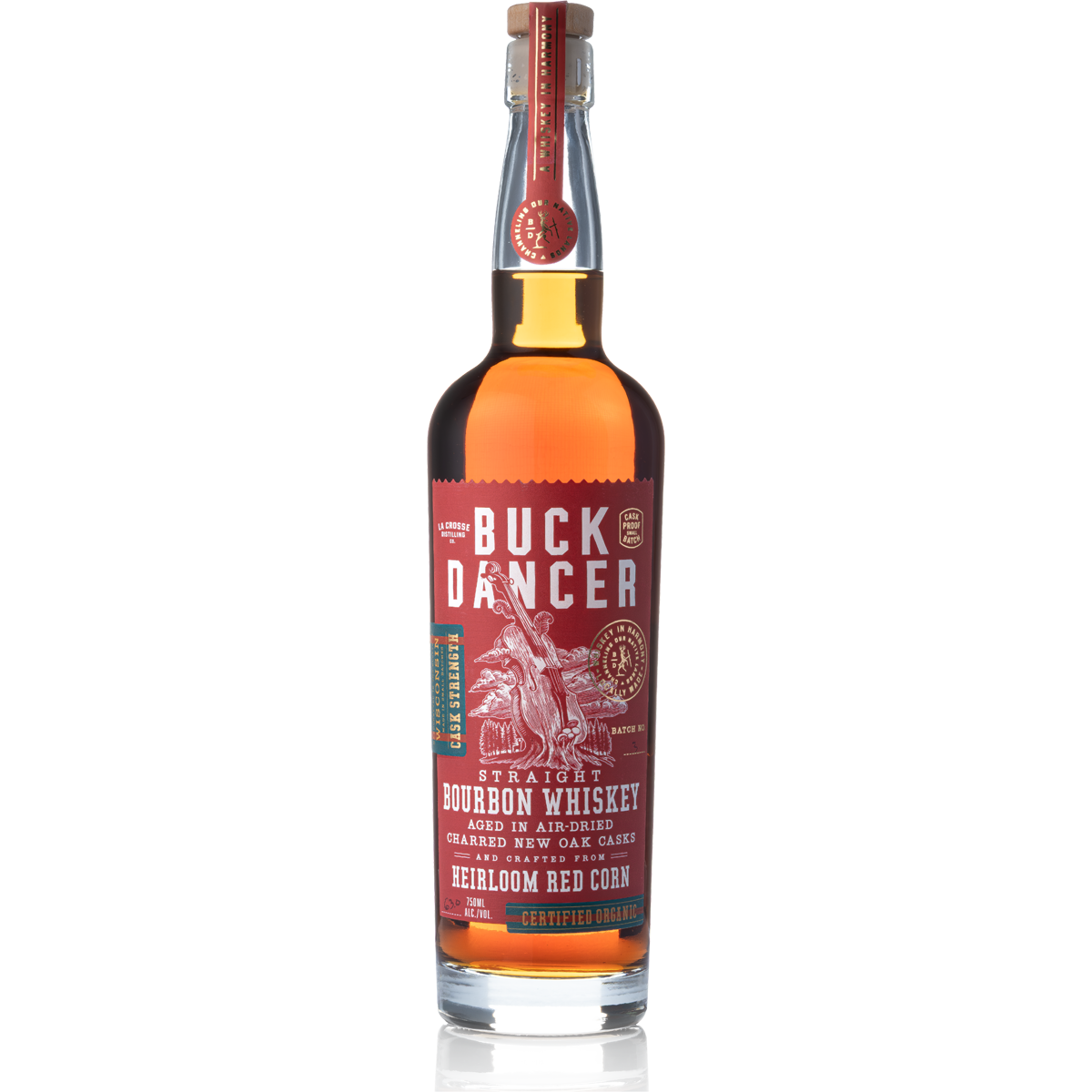 A bottle of Buck Dancer straight bourbon whiskey with a red label, showcasing a tree and a guitar, and featuring details about the aging process and organic certification.
