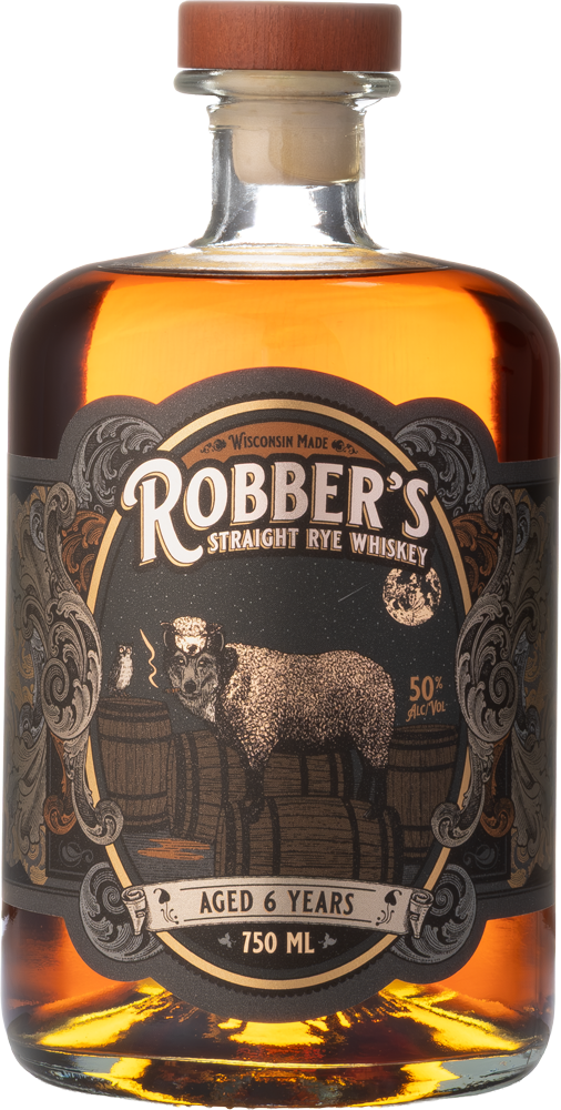 Bottle of Robber's Straight Rye Whiskey with a buffalo illustration, aged 6 years, 750 ml, 50% alcohol