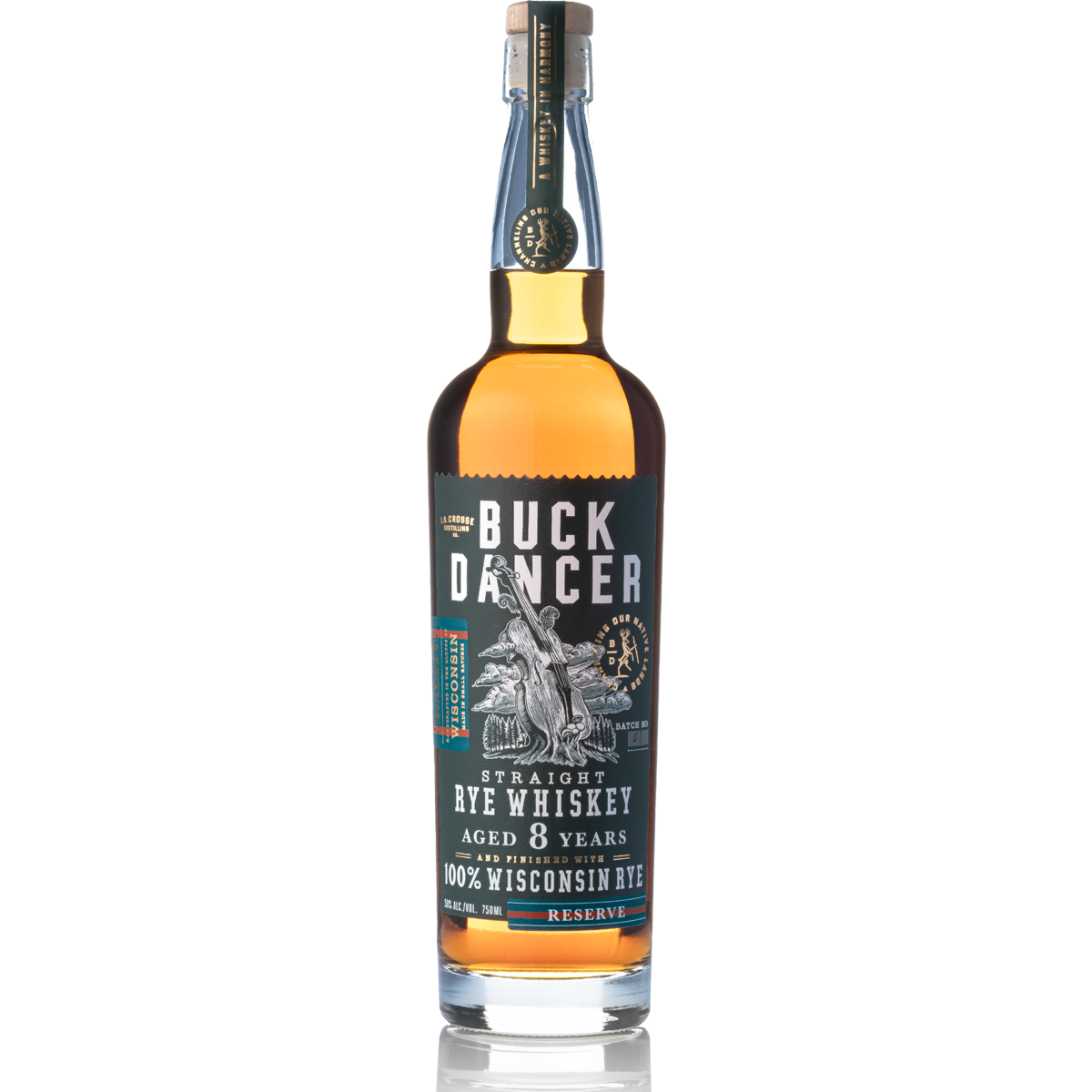 A bottle of Buck Dancer Straight Rye Whiskey aged 8 years with Wisconsin rye, in a tall glass bottle with a black and gold label featuring an illustration of a tree and string instrument.