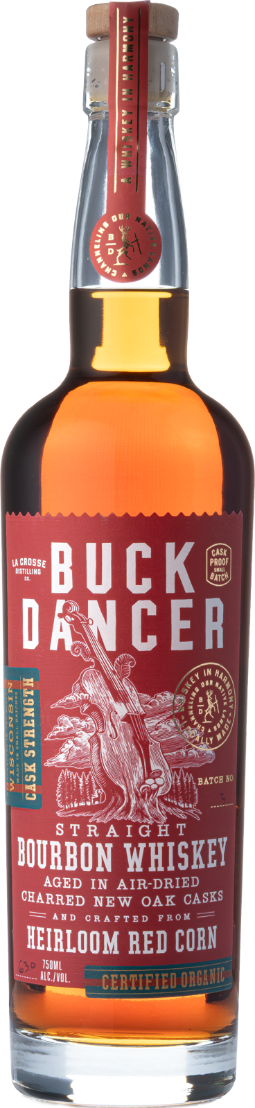 A bottle of Buck Dancer straight bourbon whiskey with a red label, featuring an illustration of a guitar and a tree trunk, and gold and blue accents.