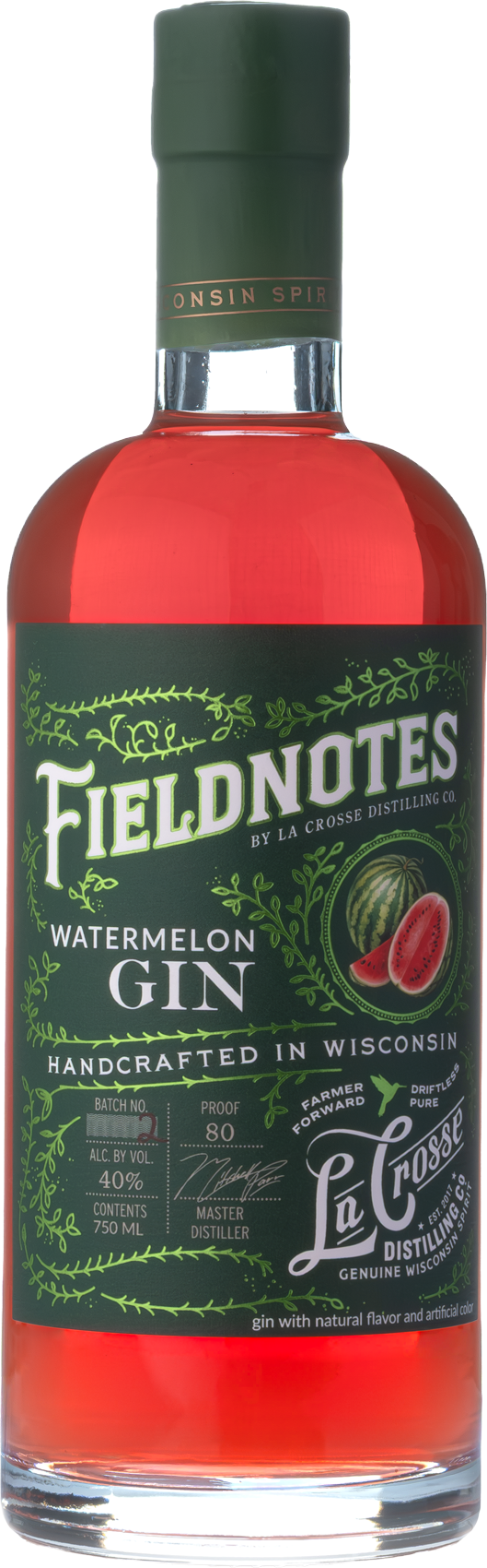 A bottle of Watermelon Gin from Field Notes with a green label featuring watermelon imagery and white text, topped with a green cap.