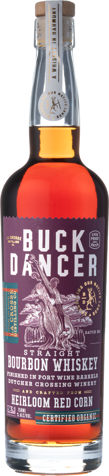 A bottle of Buck Dancer Straight Bourbon Whiskey with purple label, wooden cork, and amber liquid inside.