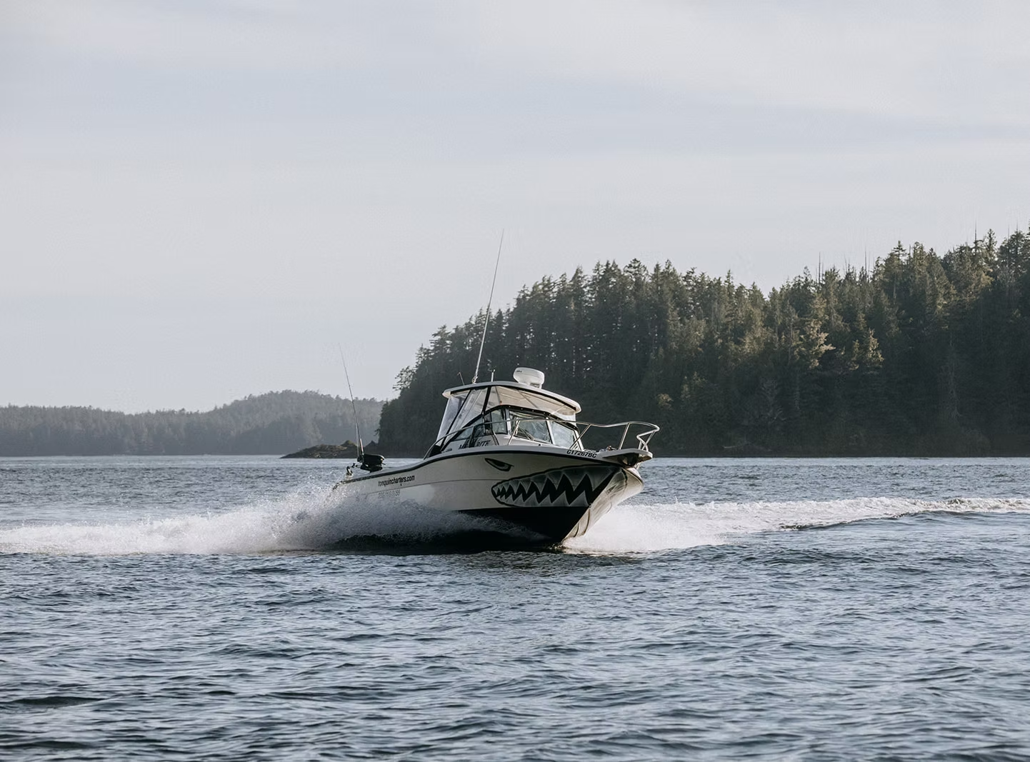 A motorboat with a shark face design on the front, cruising on a body of water near forested islands, leaving a wake behind it.