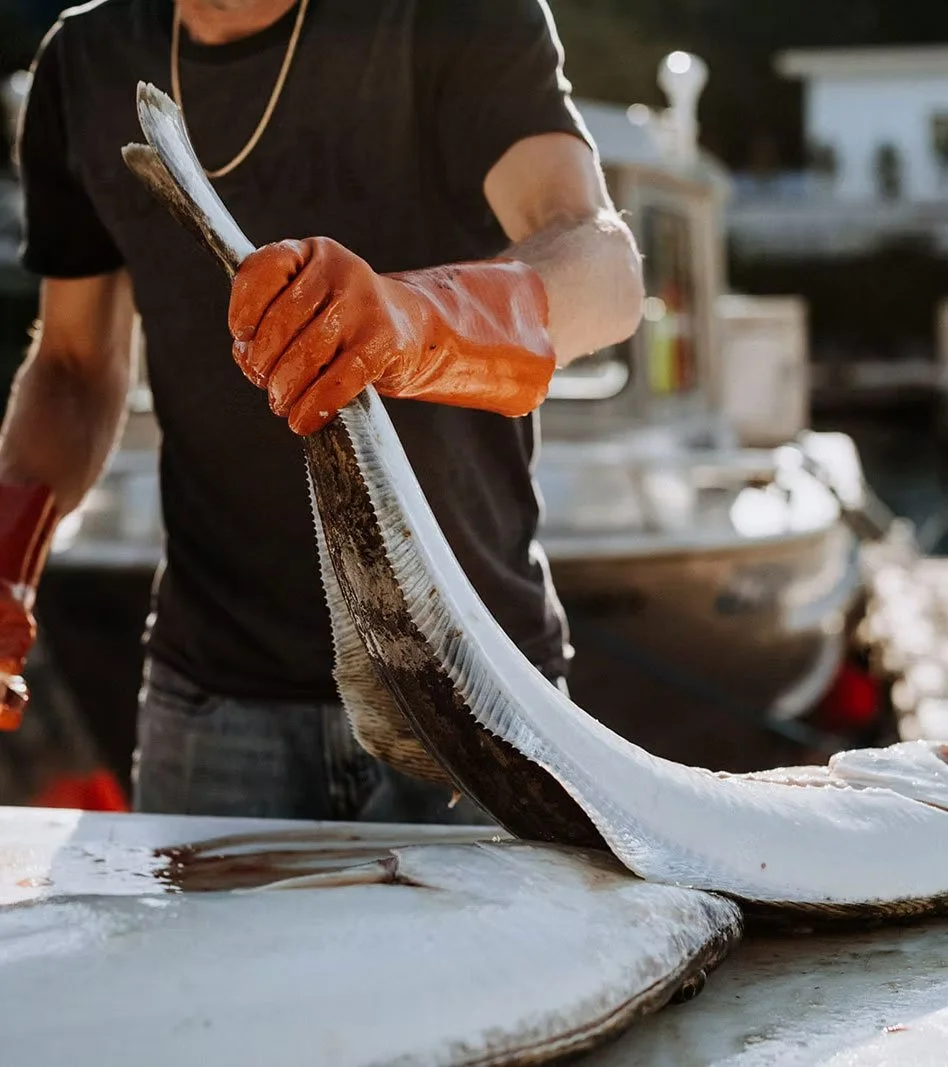 Person wearing orange gloves cleaning or filleting a fish outdoors.