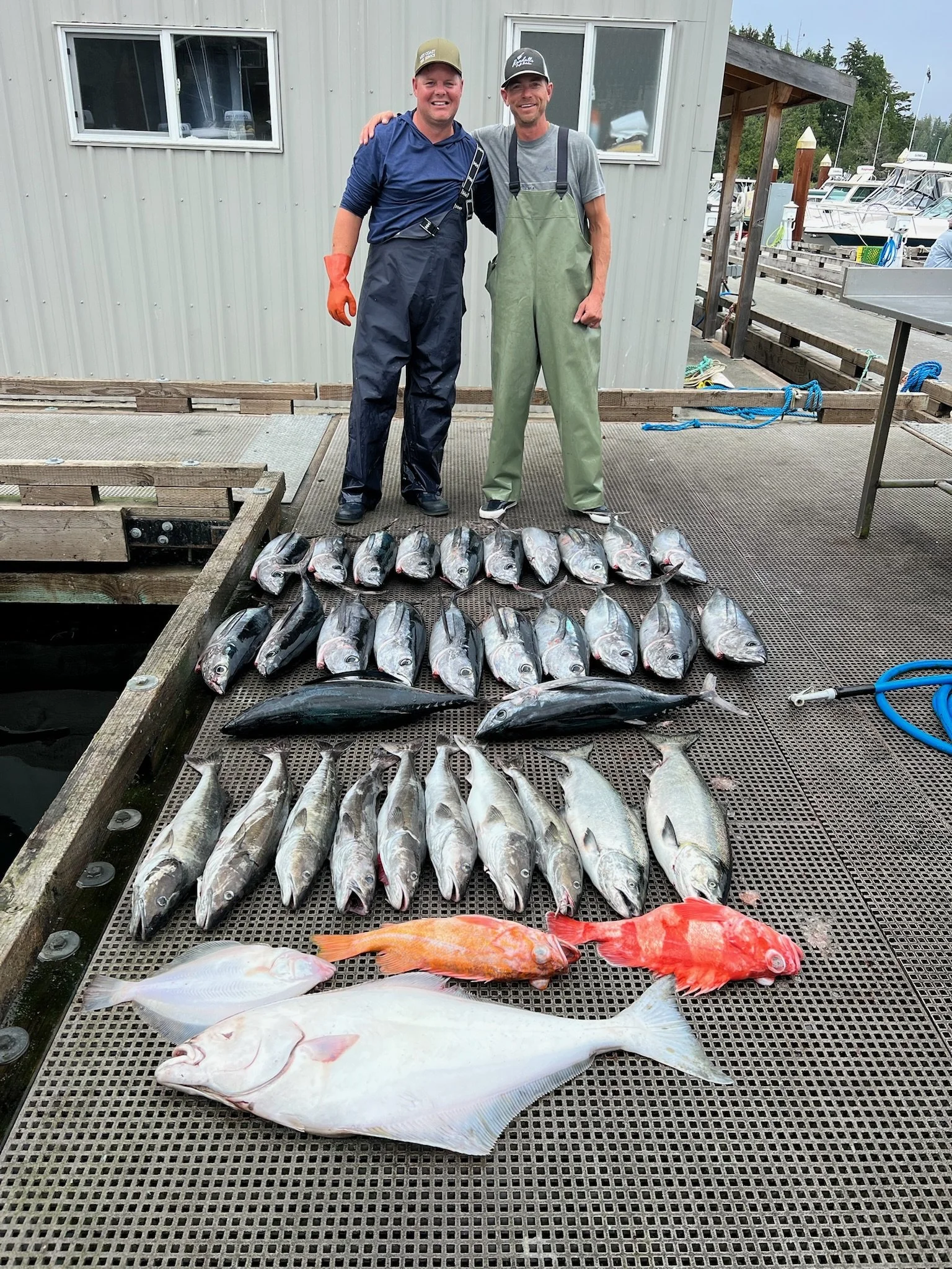 Two men standing on a dock with a large catch of fish, including several species, laid out in front of them. They are smiling and dressed in outdoor fishing gear. A boat marina with multiple boats is visible in the background.