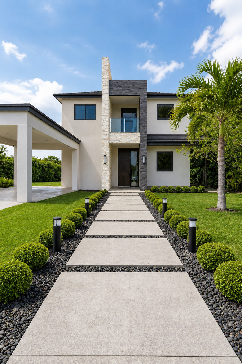 Front exterior of a modern two-story house with a landscaped walkway leading to the front door, surrounded by green grass and palm trees under a blue sky.
