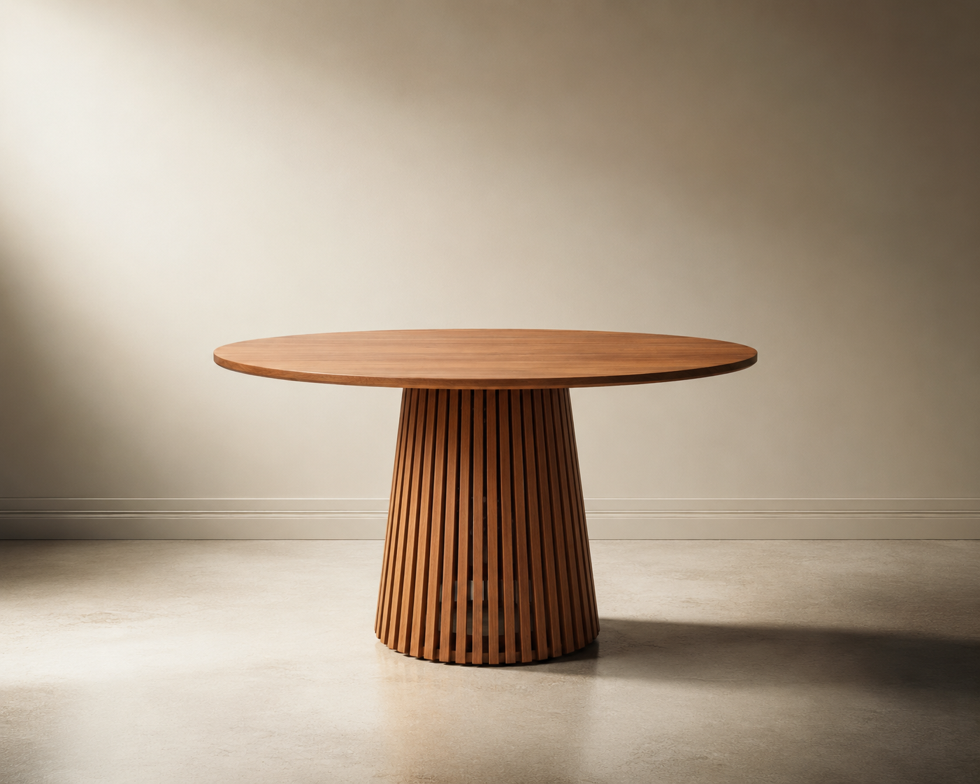 A round wooden table with a tapered, slatted base set against a neutral wall and floor.