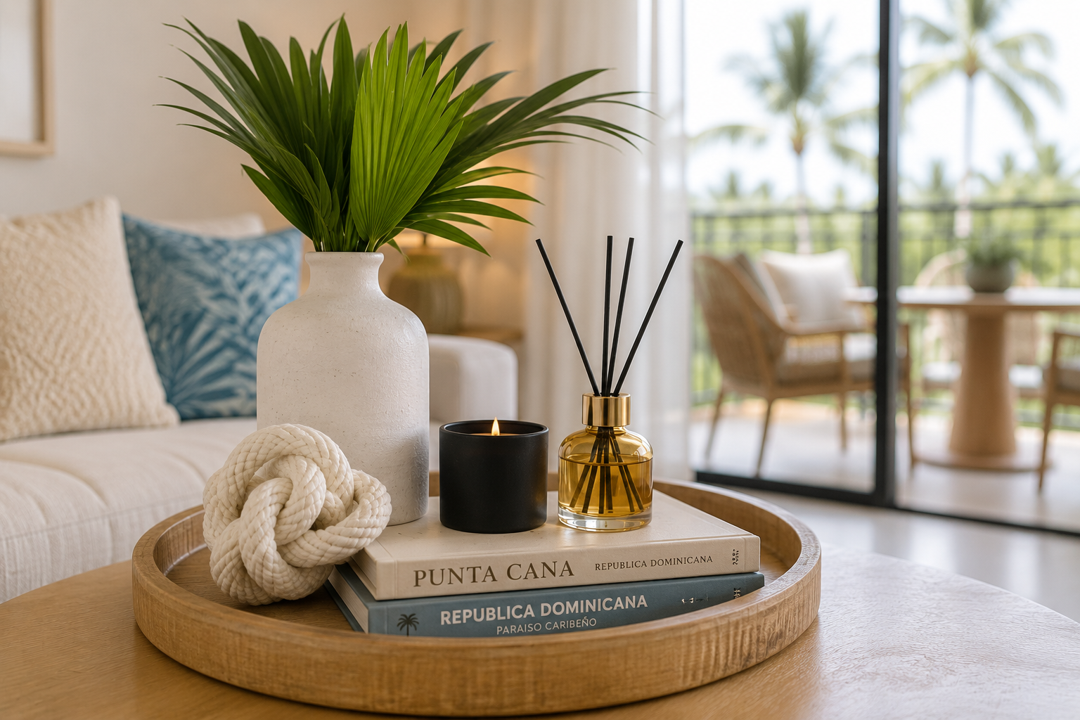Decorative tray on a coffee table with a large white vase containing green palm leaves, candles, reed diffuser, a knotted decorative object, and travel books in a living room with an outdoor balcony in the background.