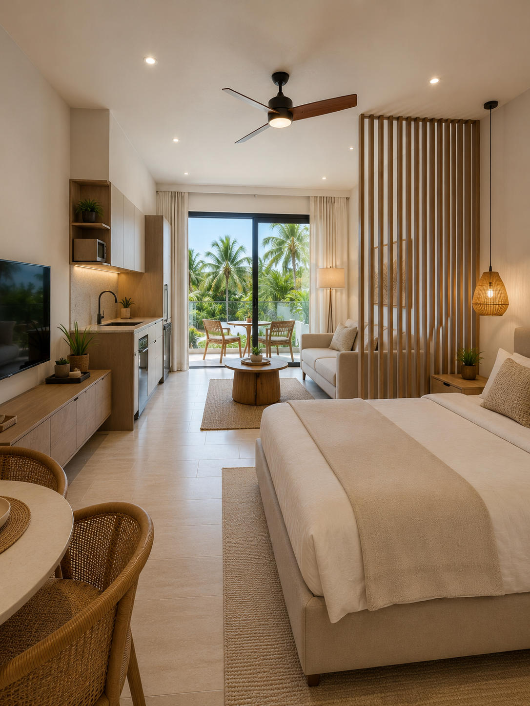 Living room with a bed, sofa, and a balcony with outdoor seating, tropical trees visible outside