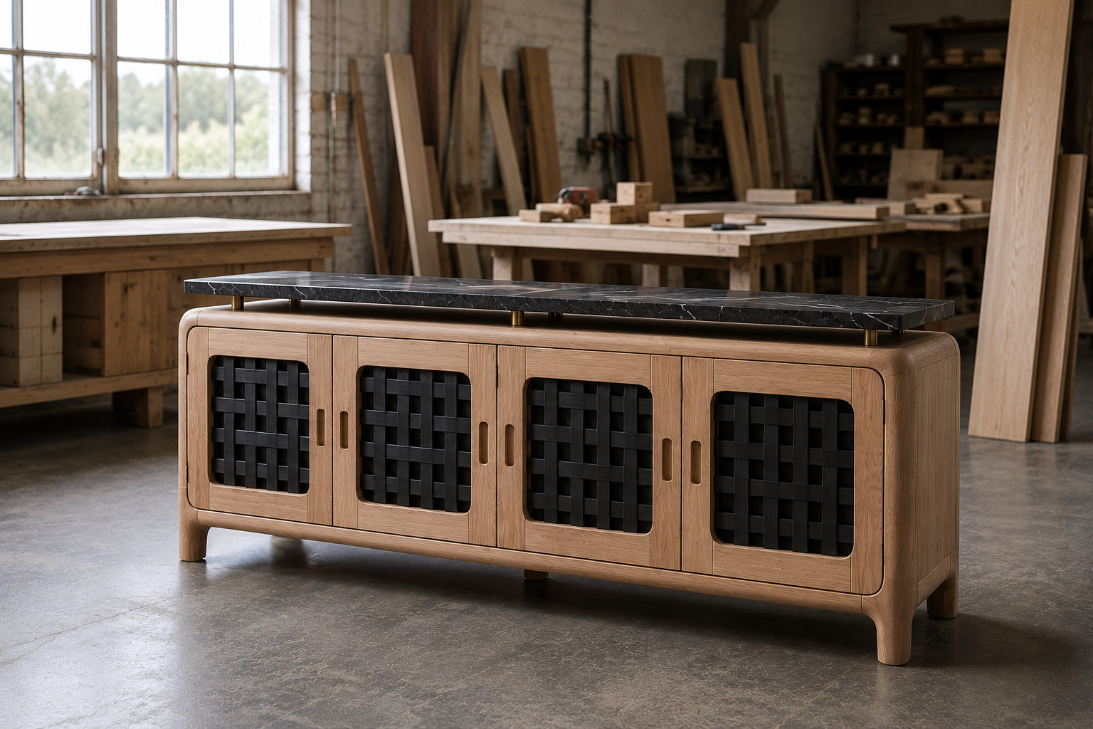 Wooden sideboard with black lattice doors and a black marble top in a woodworking shop.