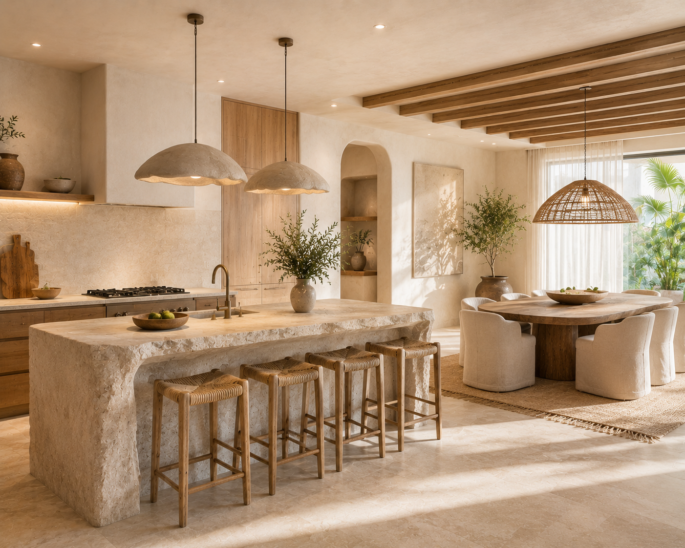 A spacious, modern kitchen and dining area with beige and wooden decor. Features a large island with a textured stone surface, four wooden bar stools, two pendant lights hanging above, and a potted plant. In the dining area, there is a round wooden table surrounded by white cushioned chairs, a woven pendant light above, and large windows letting in natural light, with greenery visible outside.