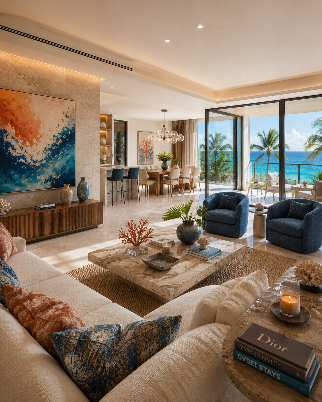 Living room with beige sofa, blue armchairs, marble coffee table, tropical decor, large sliding glass doors opening to ocean view balcony with palm trees.