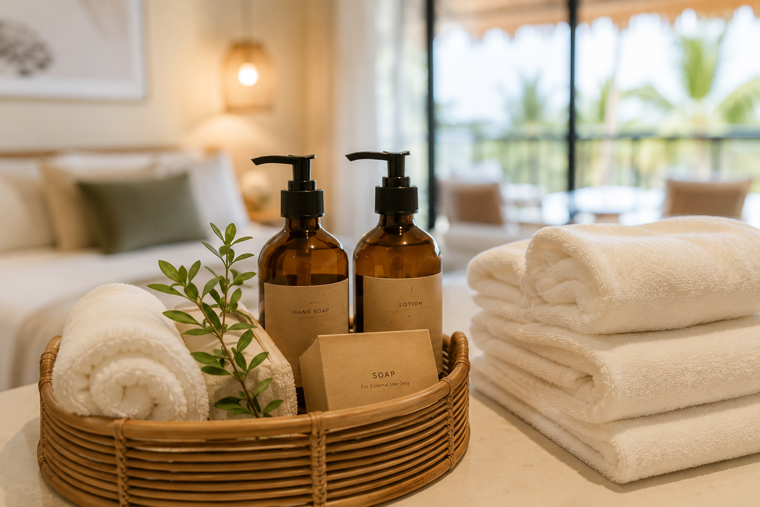 A wicker basket containing hand soap, lotion, and soap bars, with rolled white towels and a green plant leaf, on a bathroom or hotel room counter, with a bed and large window in the background.