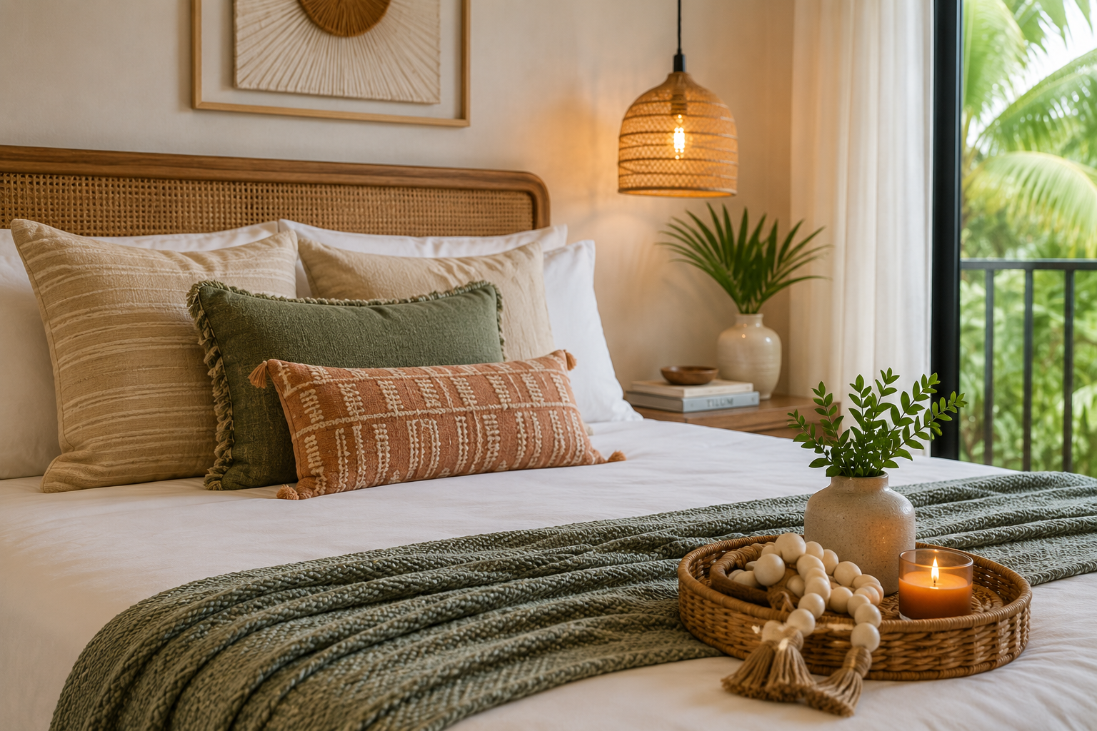 A cozy bedroom with a bed featuring multiple pillows, a woven headboard, a bedside table with a plant and books, a woven lamp hanging from the ceiling, a sliding glass door with views of lush greenery, and a decorative tray with a candle, a plant, and a beaded garland.