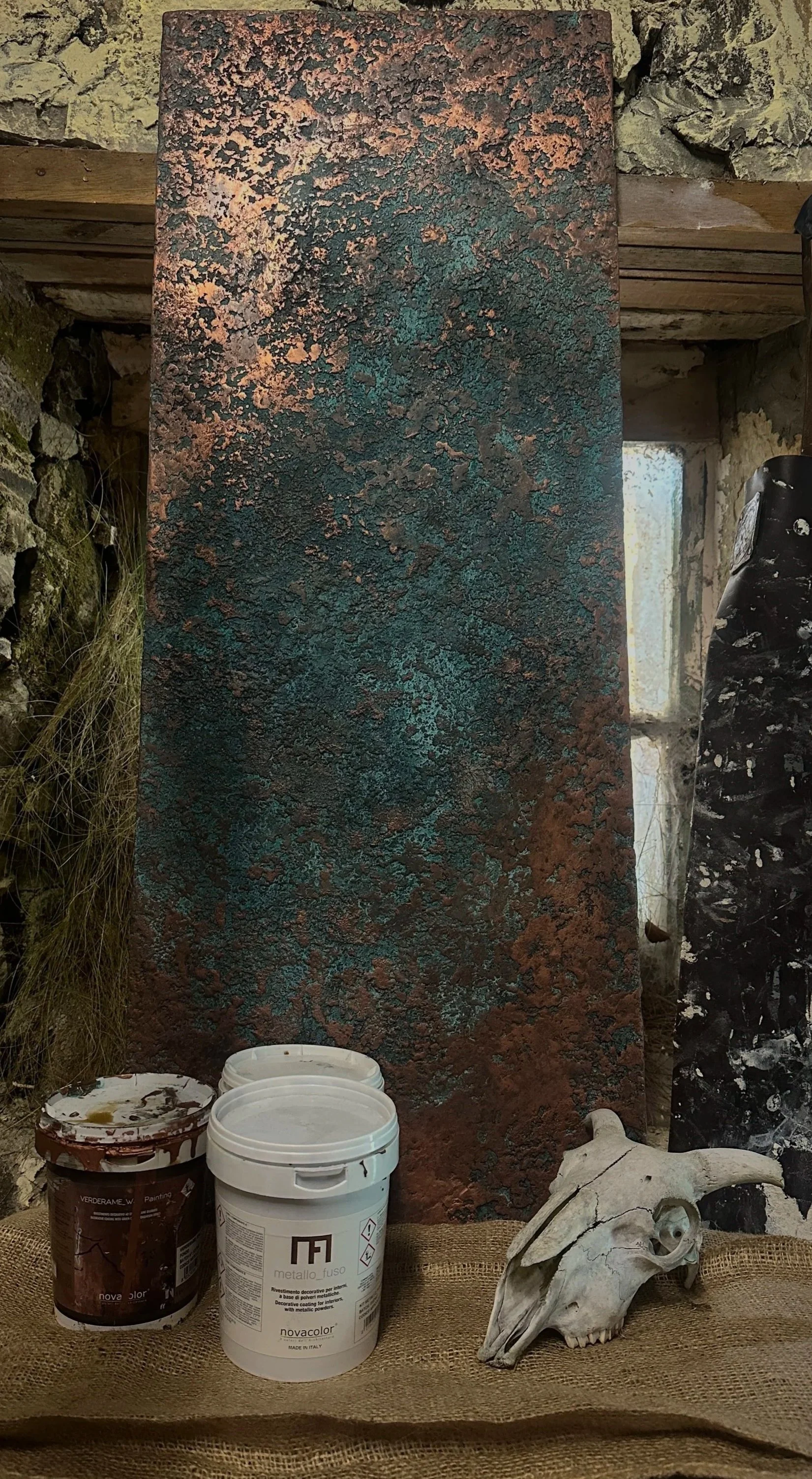 Textured marmorino and copper verdigris venetian plaster art piece